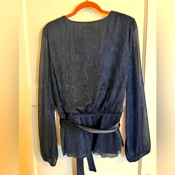 Brand new Estelle shimmer tie-waist wrap blouse in navy - Picture 2 of 2